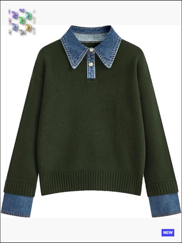 Oversized Long Sleeve Sweater With Denim Collar Panel Knit Pullover Preppy Chic